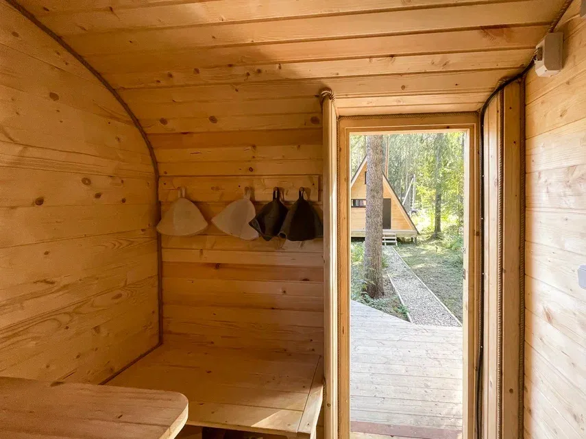 А-фрейм с баней в лесу фото 5